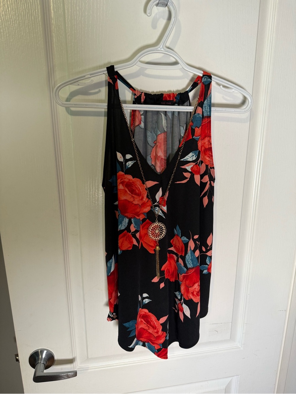 First Love Black Tank with Red Floral Pattern